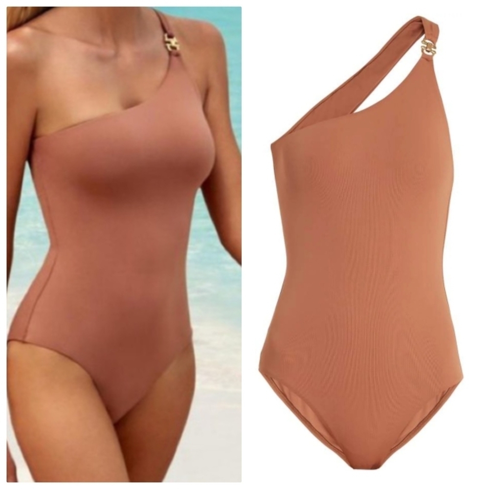 New Melissa Odabash Asymmetric Strap Gold Hardware Mocha One Piece Swimsuit Med